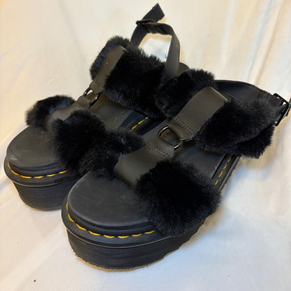 Dr. Martens Francis Fluff Black Faux Fur Platform Sandals Womens 8
